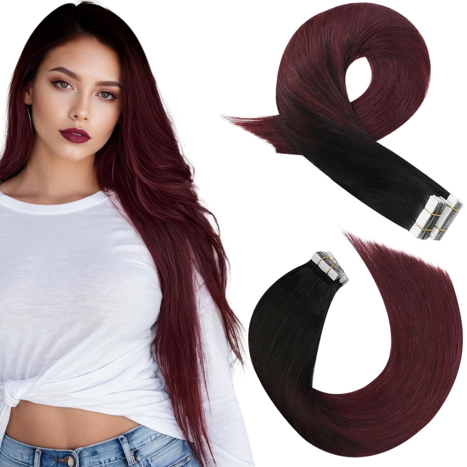 Yaki Straigt Burgundy Tape in Hair Extensions Black to Burgundy 1BT1B/99J