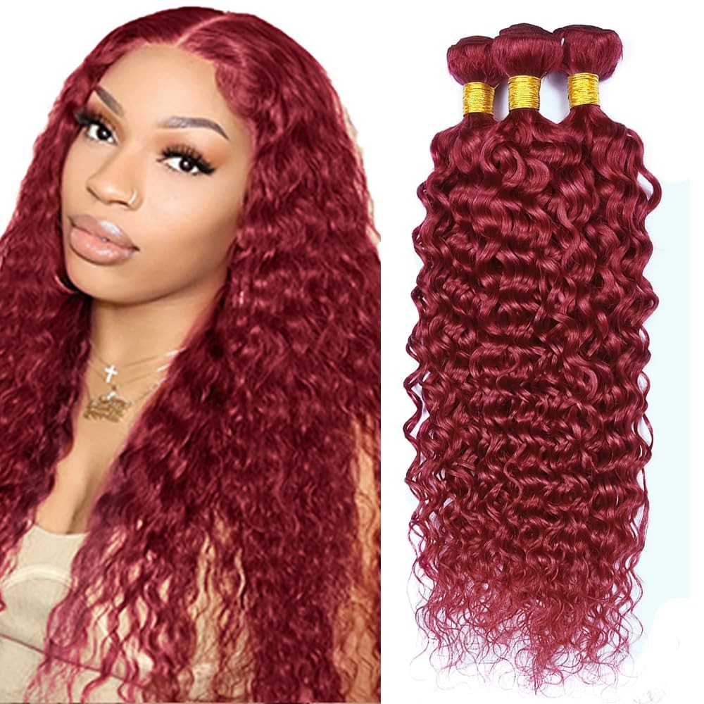 Red Bundles Human Hair Vinmdonm 99J Water Wave 3 Bundles 14 16 18 Inch Burgundy