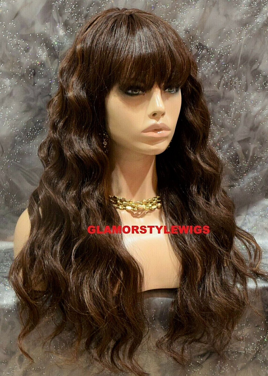 FULL WIG LONG WAVY LAYERED WITH BANGS BROWN AUBURN MIX HEAT OK NWT #FS4.27
