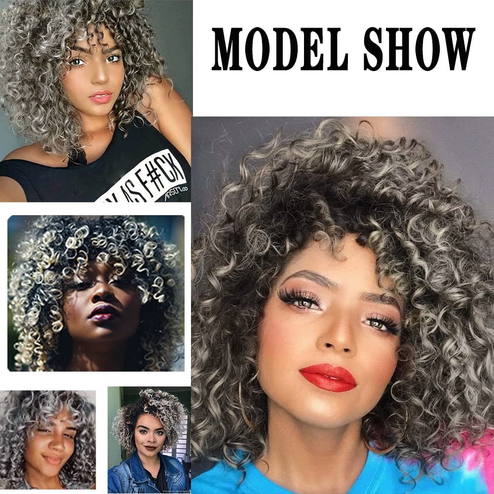 Short Grey Kinky Afro Wig for Black Women Synthetic Mixed Gray Wigs with Bang…