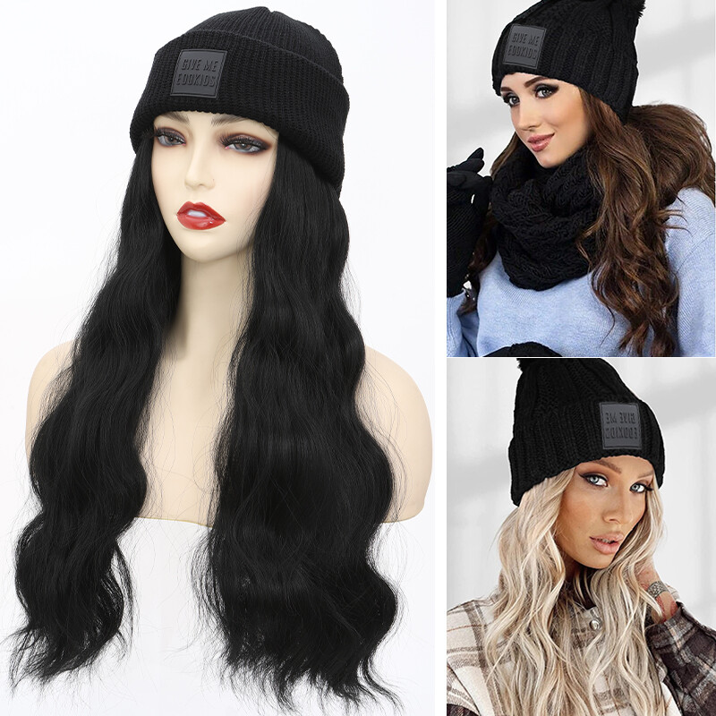 Women Winter Knit Beanie Hat with Long Wave Straigth Synthetic Hair Wig FASHION