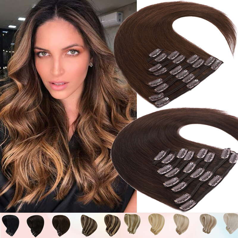 100% Real Soft Clip In Hair Extensions Remy Human Hair Weft Full Head 8PCS Brown