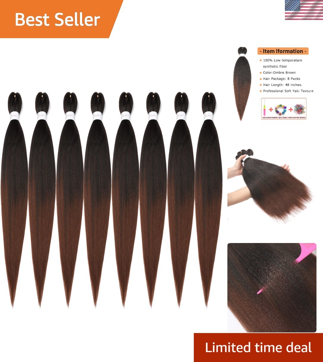 48 Inch Ombre Yaki Braiding Hair – 8 Packs Pre-Stretched, Durable & Lightweight