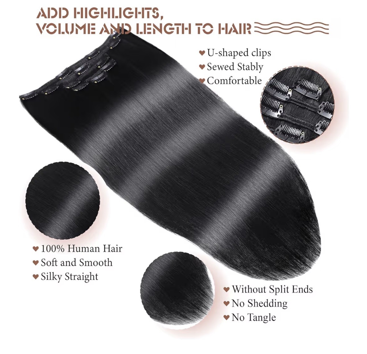 Real Human Hair Clip-In Extensions Jet Black 14″ Silky Straight Remy 5-Pcs 80g