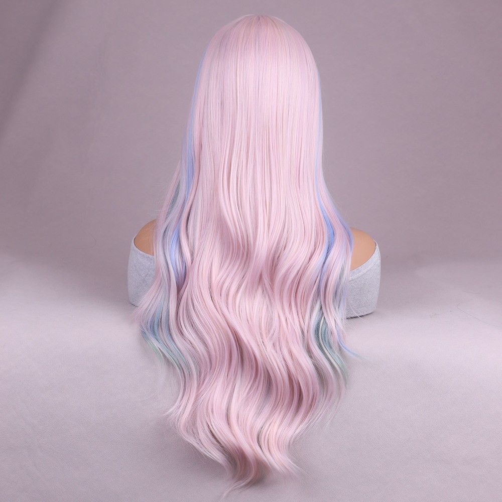 26in Women’s Elegant Gradient Pink Wig,Rose Net with Bangs,Long Wavy Curly Hair