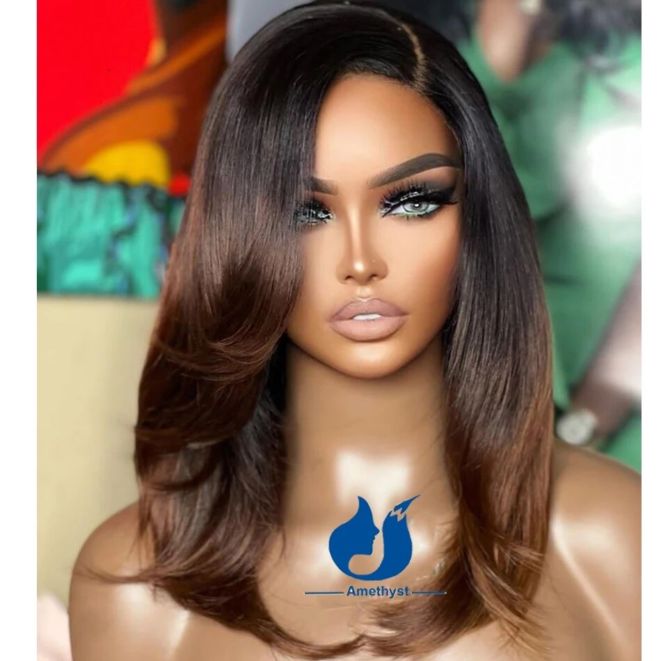 Ombre Brown Human Hair Side Part 13×6 Lace Front Wig Black Women Short Glueless