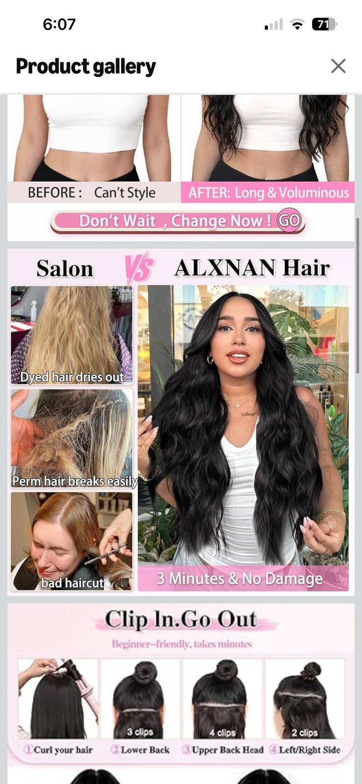 ALXNAN Clip in Long Wavy Synthetic Hair Extension 24 Inch Black Brown 4PCS Thick
