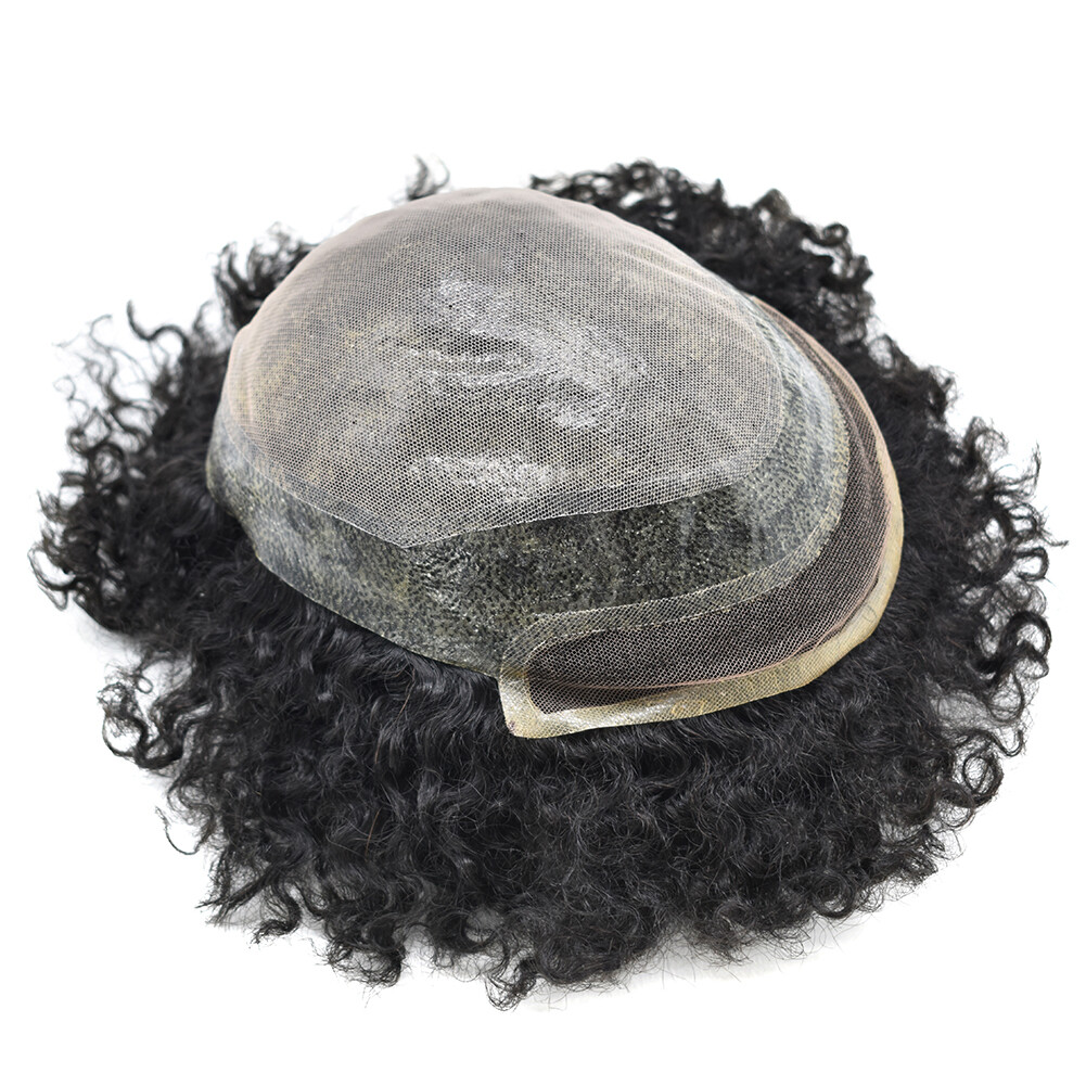 Afro Curl Mens Toupee Lace Front Poly Hairpiece African American Human Hair Unit