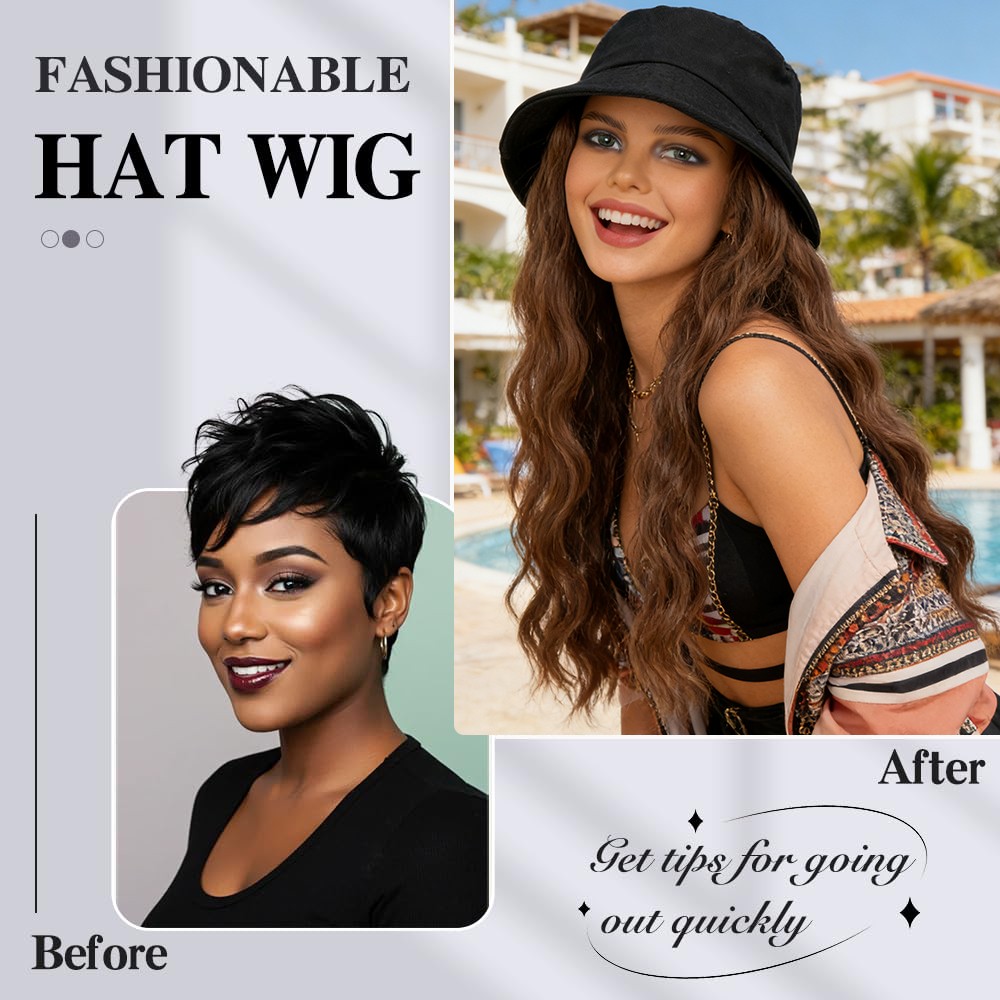 Bucket Hat Wig Black Newsboy Cap With Long Wavy Hairpiece 18″ Natural Hair Women