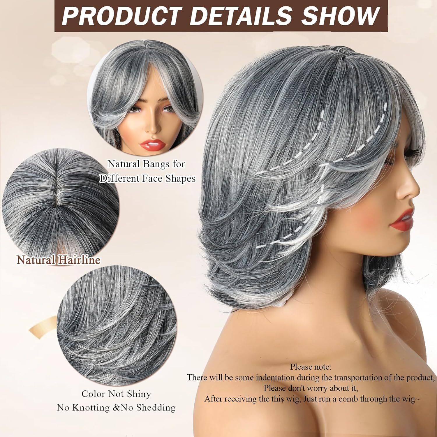 Synthetic Silver Gray Mixed Wavy Short Bob Wigs Shoulder Length for Women Daily