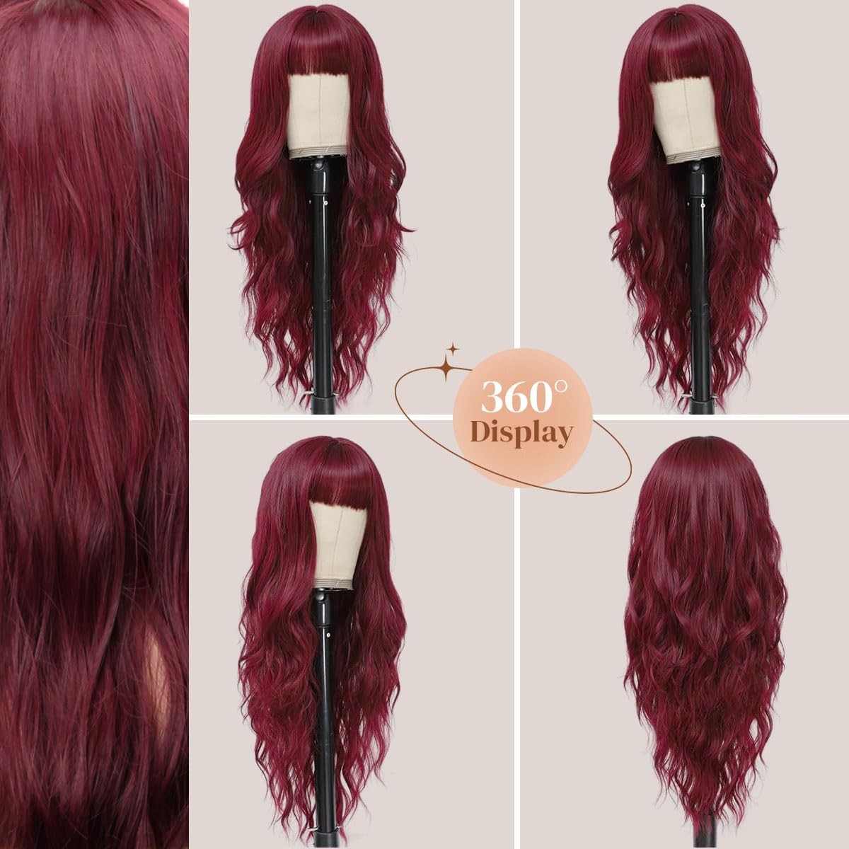 Burgundy Red Wig with Bangs 26 Inch Long Curly Wavy Wigs for Women Begineer-f…