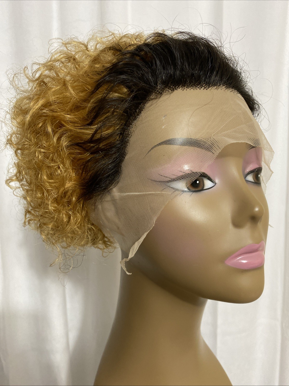 Lace Front Wig Honey Blonde Ombre Short Curly Human Hair Pixie Cut Bob 1B/27