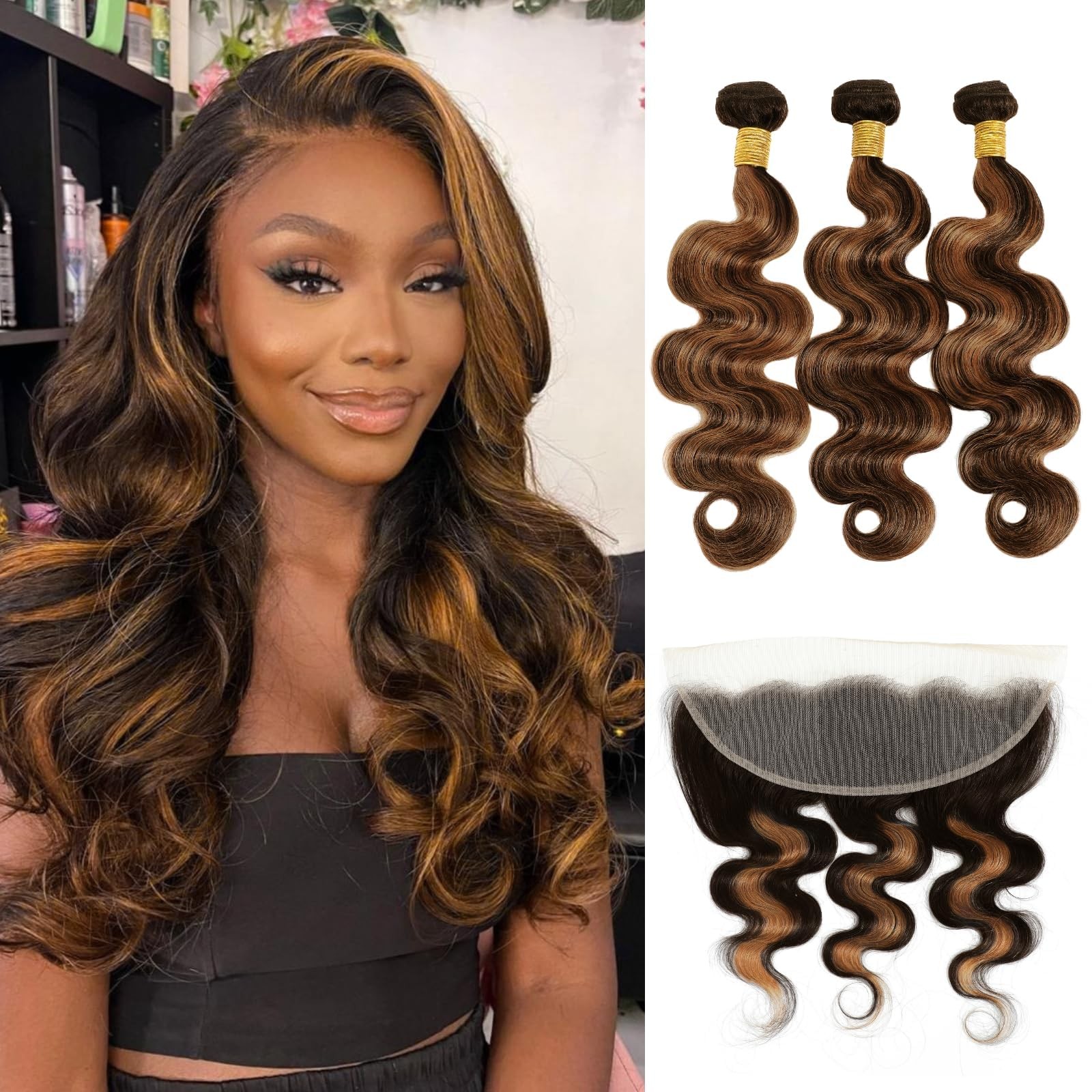 MOMOSHERO #1b/30 Brown Highlight Body Wave 3 Bundles with 13×4 Ear to Ear Fro…