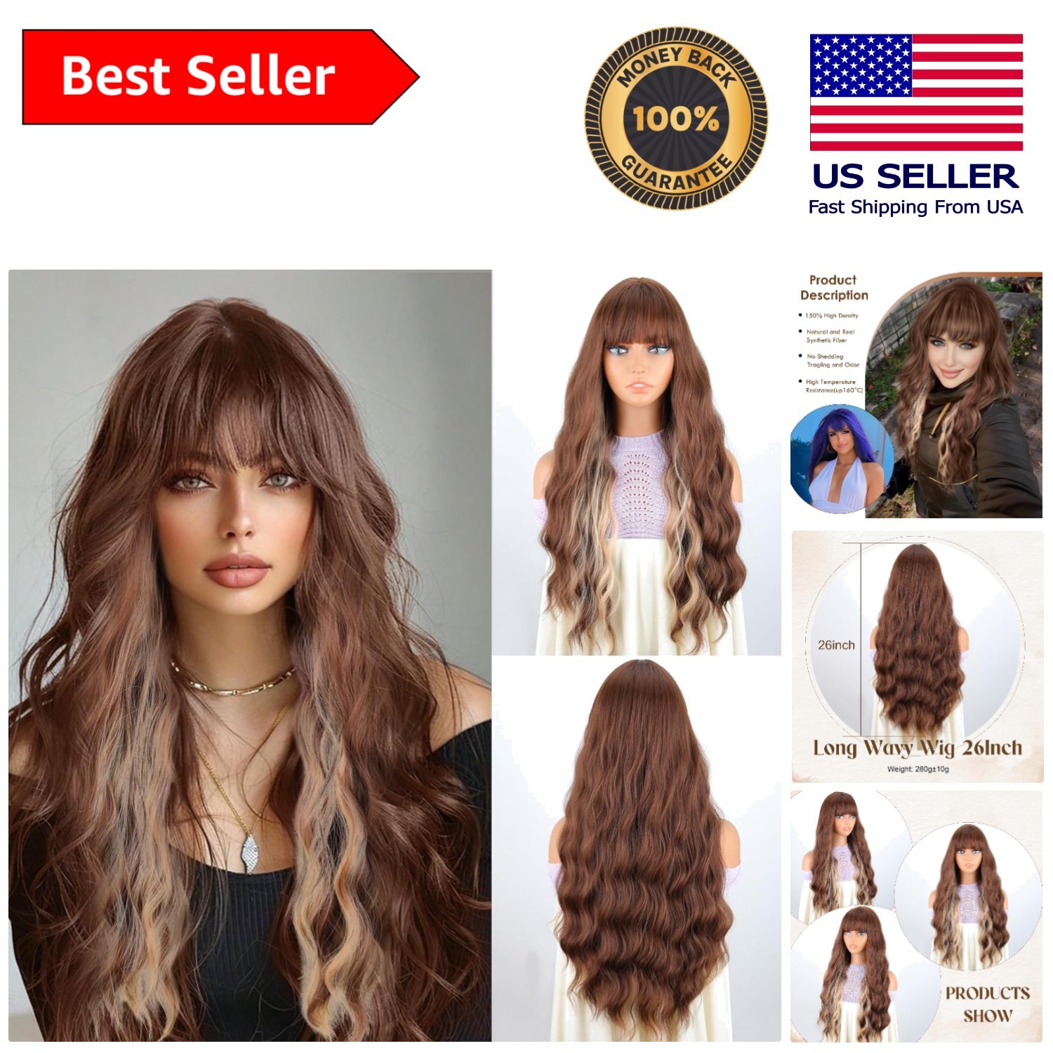 Soft Touch 26-Inch Wavy Wig with Bangs in Brown and Blonde – Natural Look & Feel