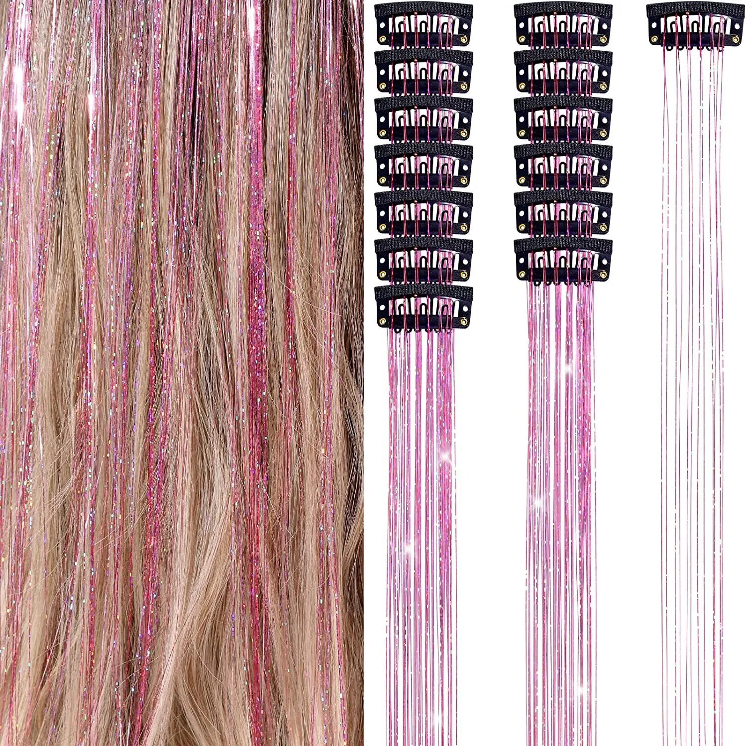 50cm Sparking Shiny Hair Tinsel Extensions Synthetic Clip In Hair Extensions