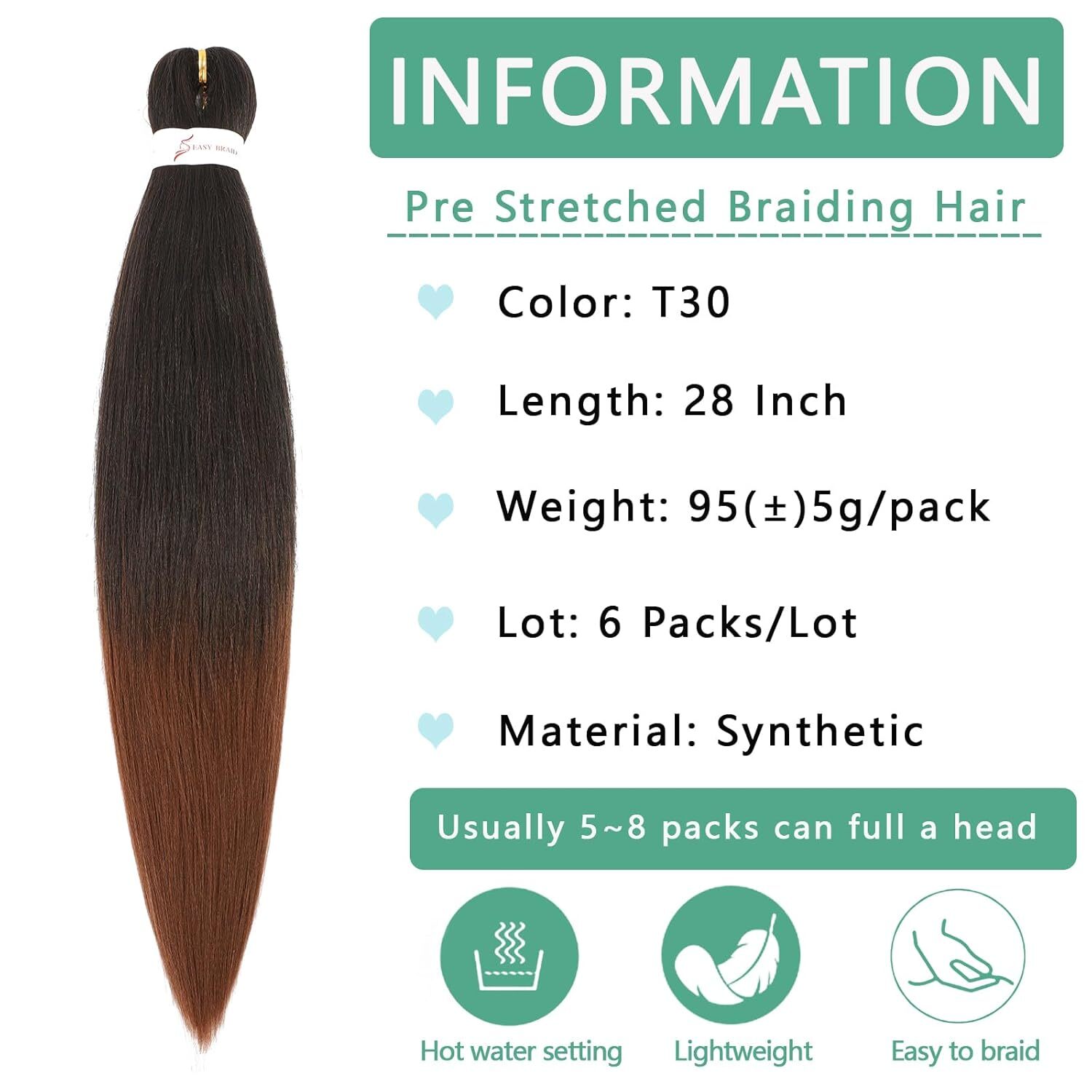 4Pcs Ombre Braiding Hair Pre Stretched 1B/30 Ombre Brown Braids Hair Extensions