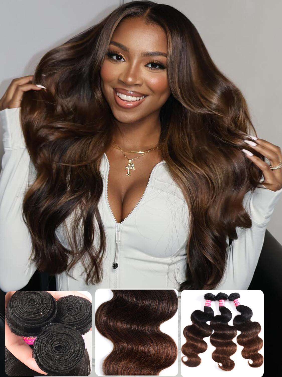 UNice Mongolian Ombre Chestnut Brown Body Wave 1/3 Bundles Human Hair Extensions