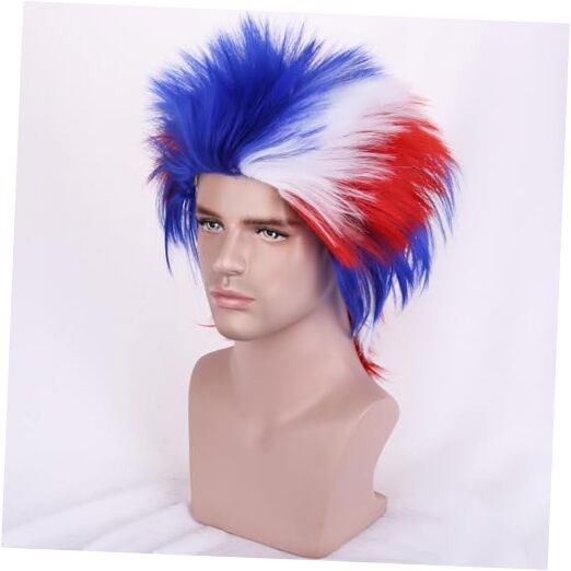 Red White Blue Wigs for Men American Flag Wig 4th of July wigs Crazy Wig Heat