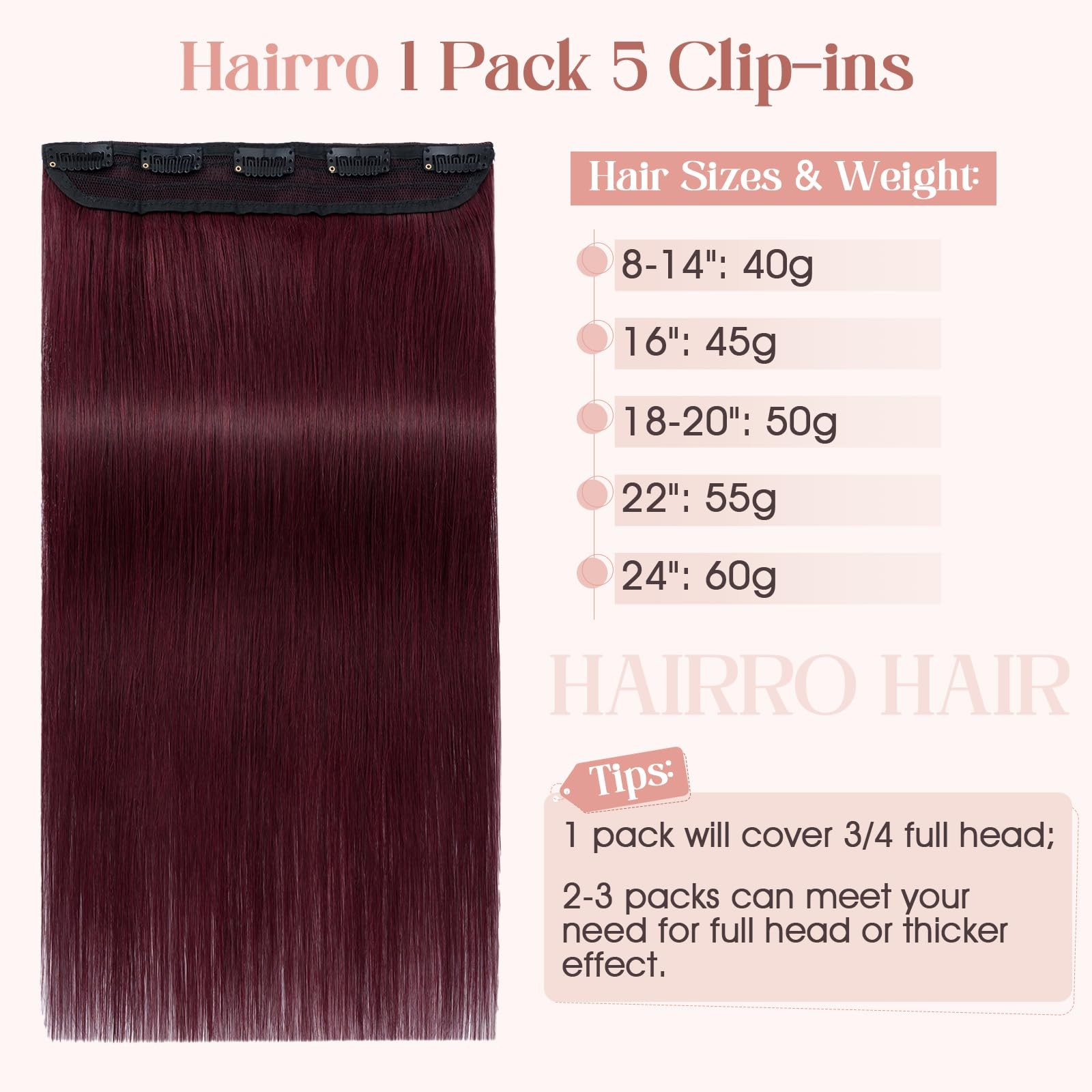 Hairro 16 Inch Clip In Extensions 100 Remy Human Hair 45G One-Piece 5 Clips