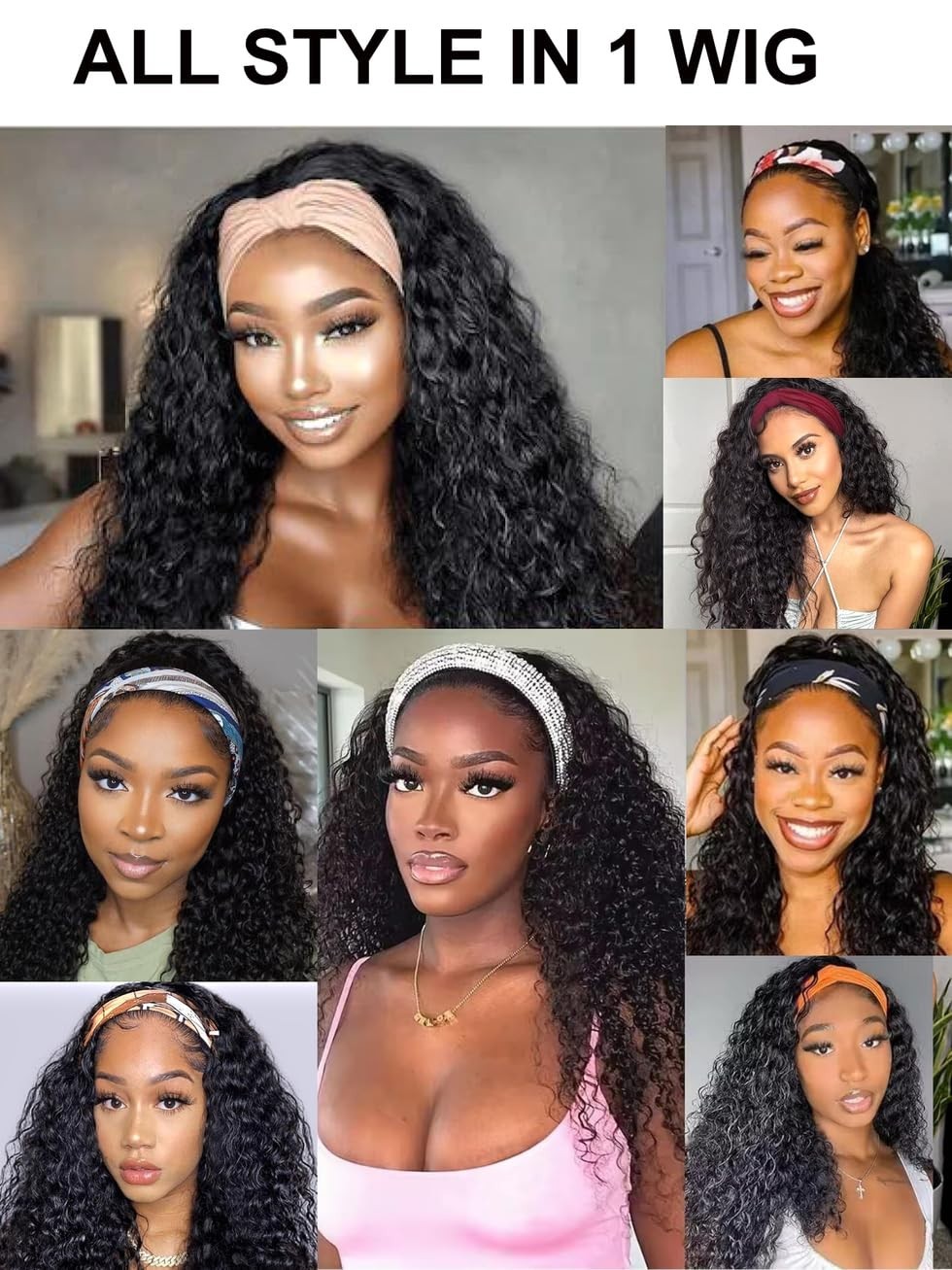 Water Wave Headband Wig – 20″ Human Hair, No-Slip, Glueless, 150% Density, Natur