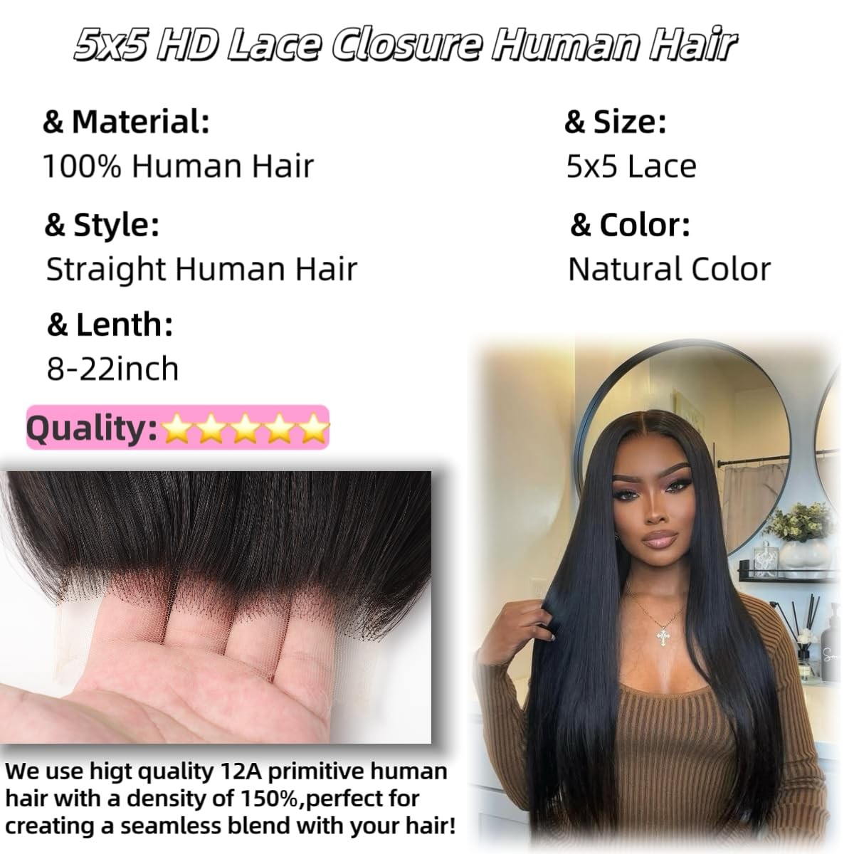 5×5 HD Lace Closure Straight Transparent HD Lace Closure 12A Brazilian Virgin Hu