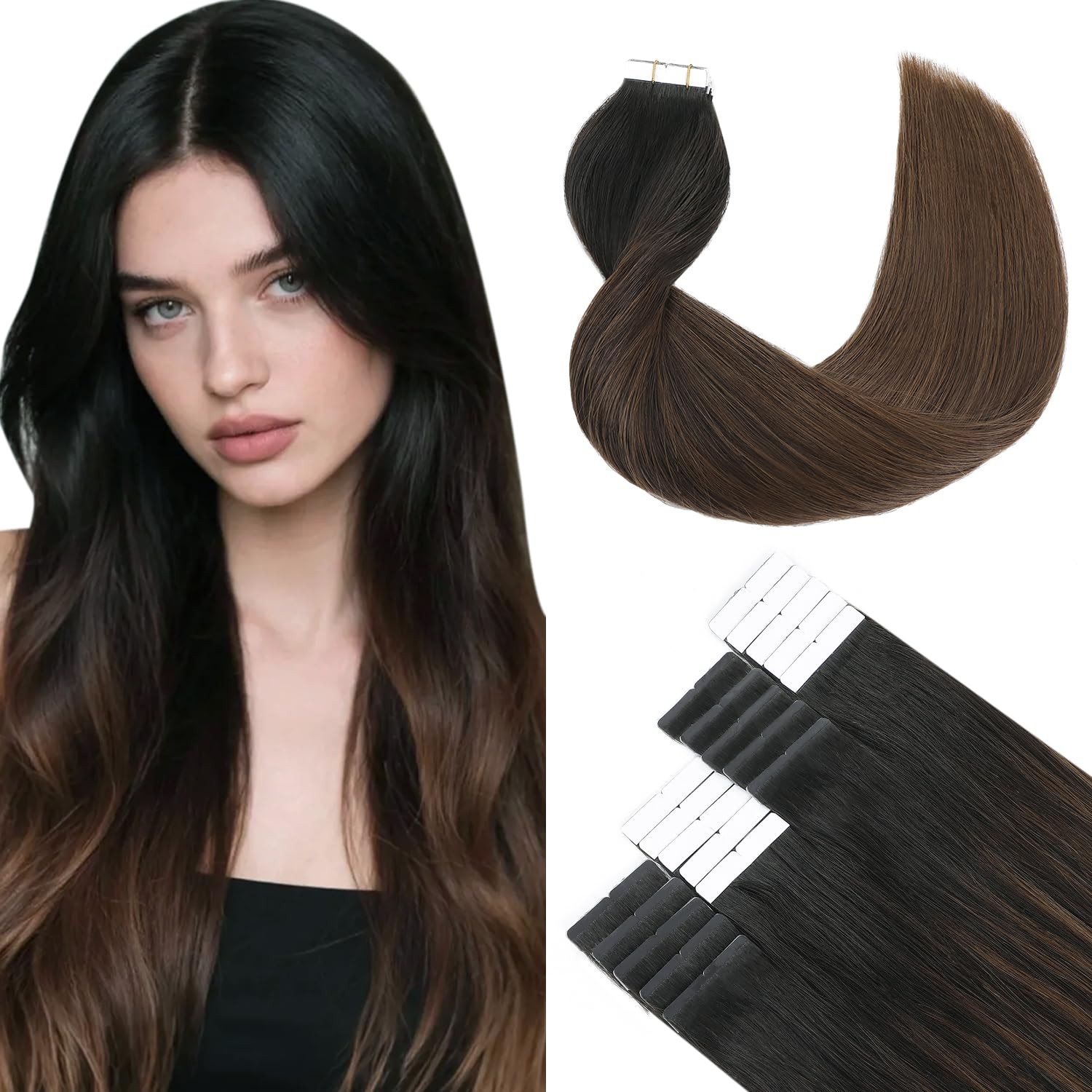 Tape in Hair Extensions Ombre 1B Off Black to 4 Brown 20pcs 50g 14 Inch – Real