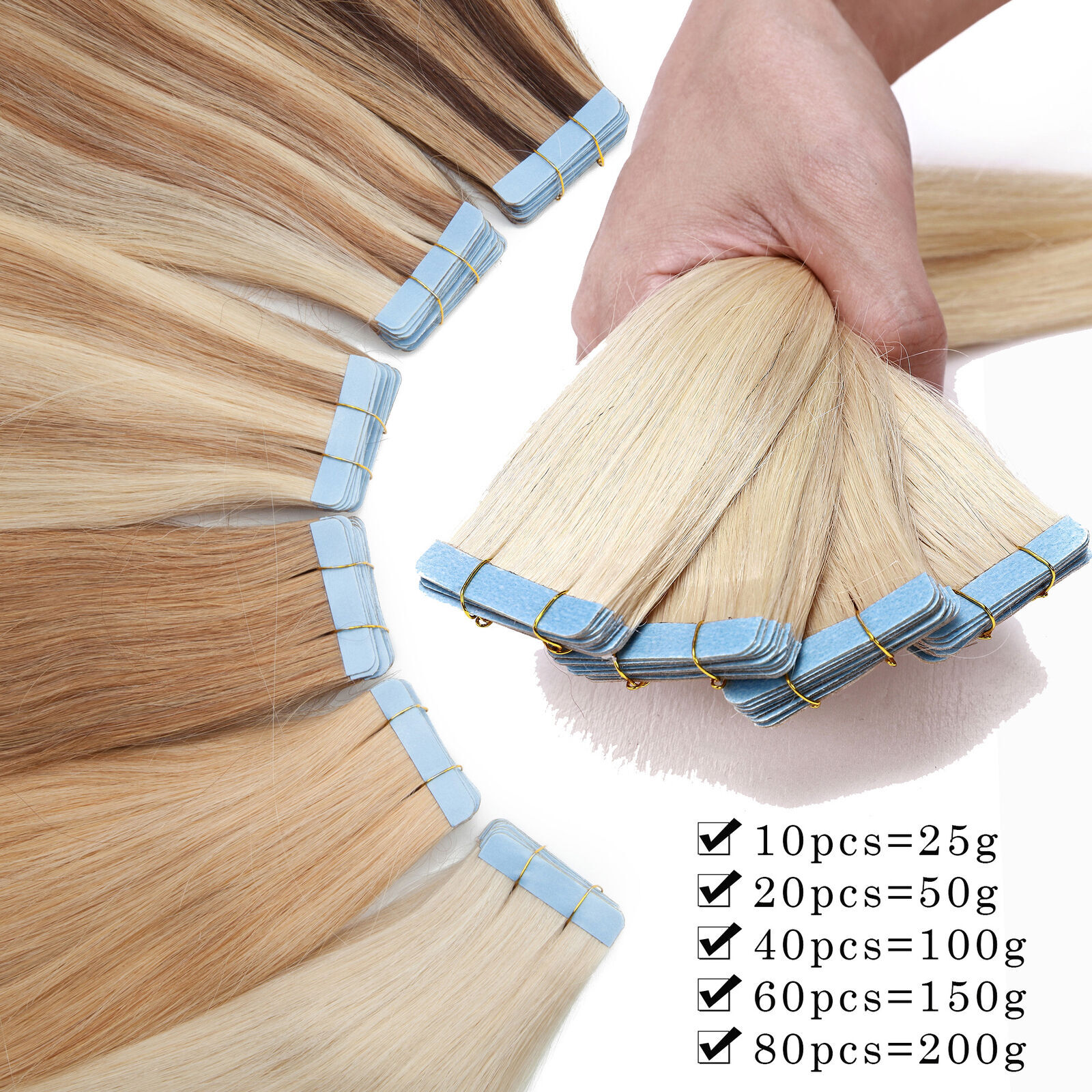 CLEARANCE Tape In Remy Human Hair Extentions Full Head Thick 150gr 100PCS Salon