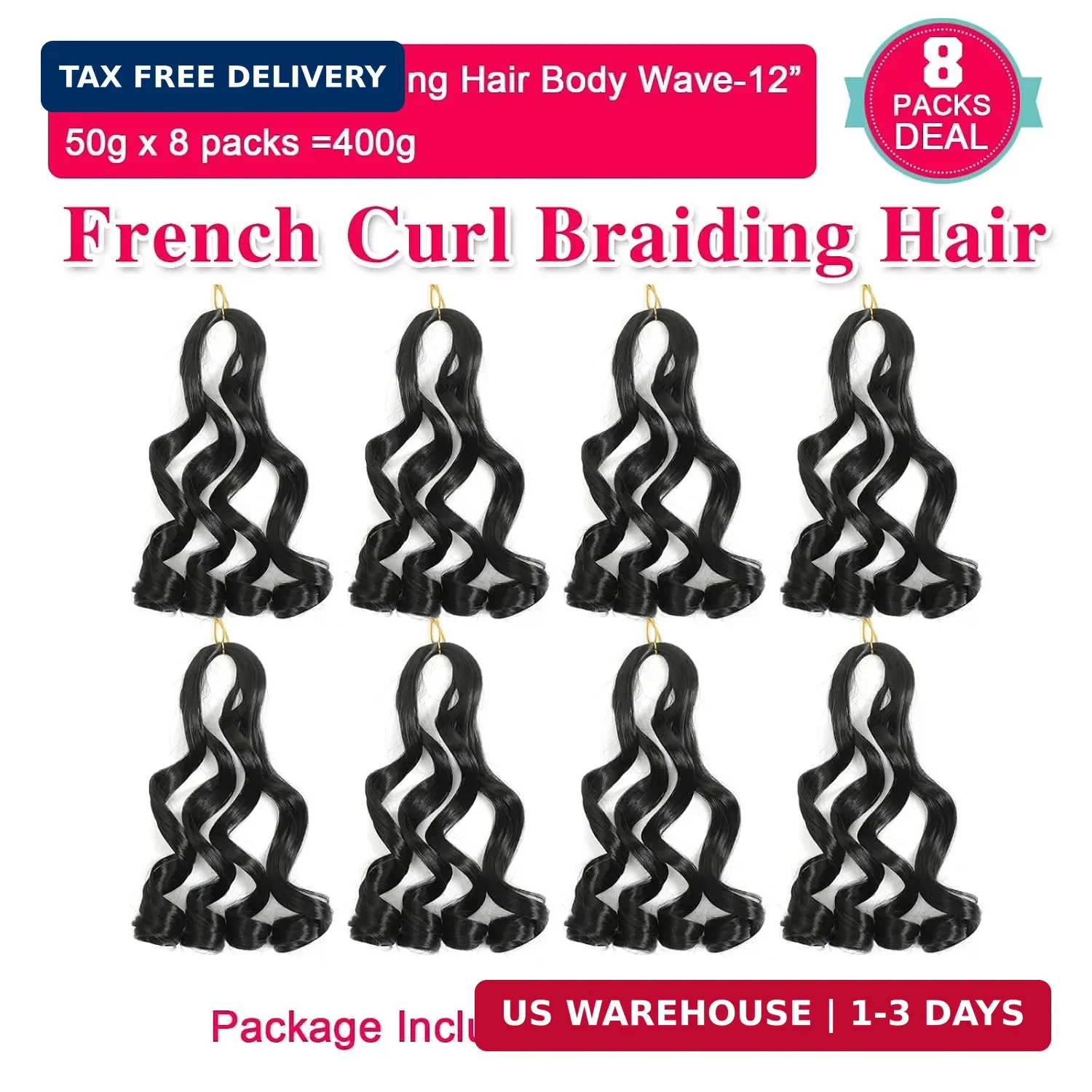 French Curl Braiding Hair 12 Inch Natural Black Curly Braiding Hair 8 Packs Pre