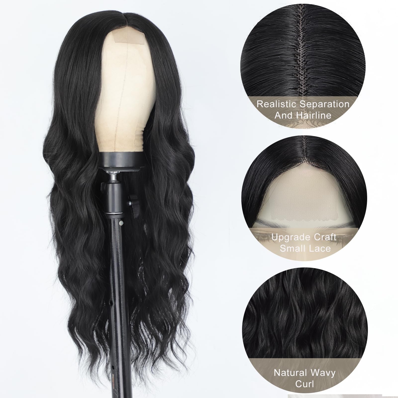 AISI QUEENS Long Black Wigs for Women Middle Part Curly Wavy Black Wig Natura…