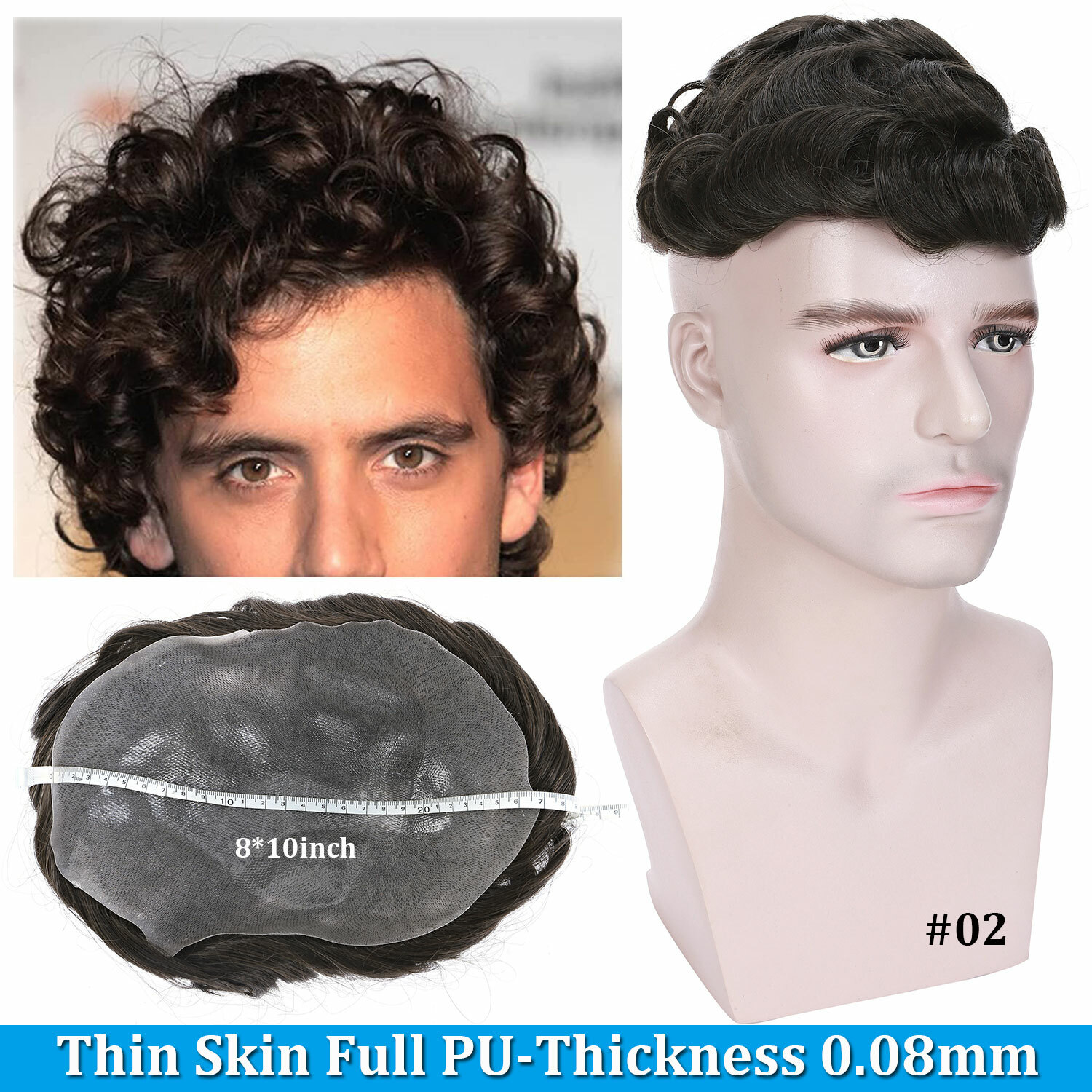 Mono PU Thin Skin Toupee Remy 100% Human Hair Hairpiece Wig Replacement System H