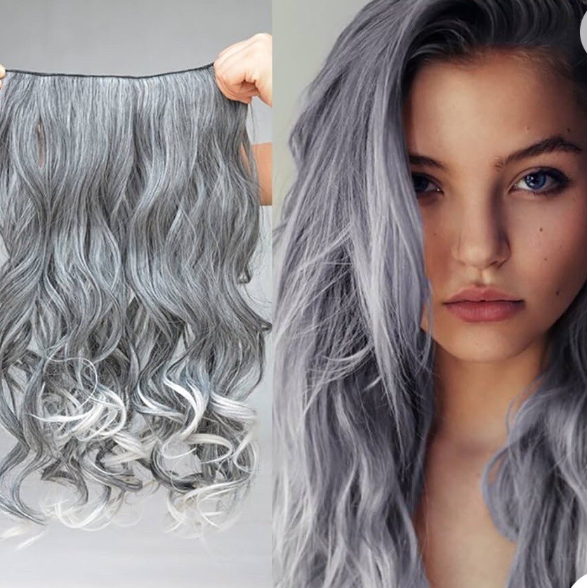 REECHO 20″ 2-Pack 3/4 Full Head Curly Wave Hair Color Clips in Silver Gray Black
