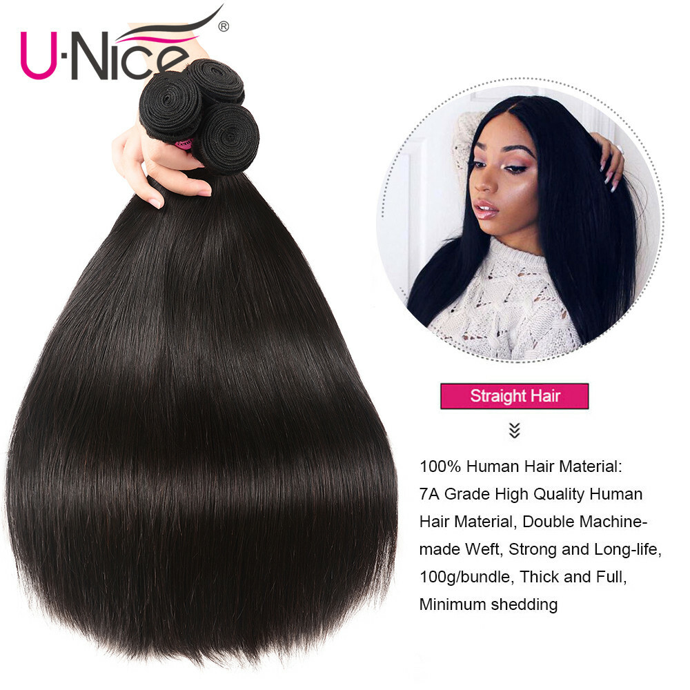 UNice Brazilian Straight Human Hair Extensions 4 Bundles Weave With Lace Closure