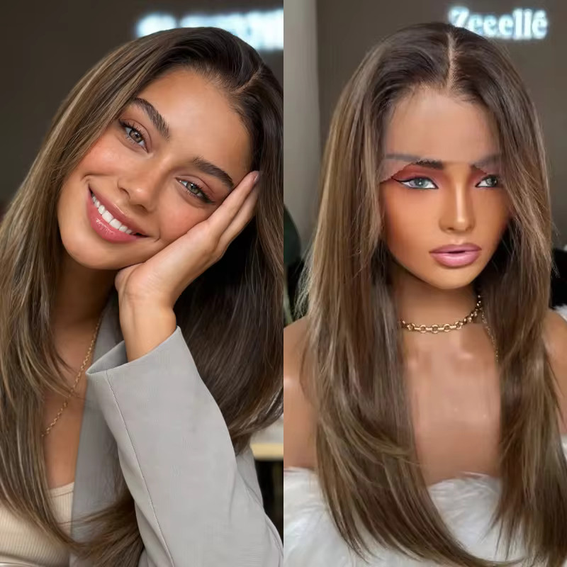 Ombre Dark Brown with Blonde Highlight Layer Human Hair Straight Lace Front Wigs