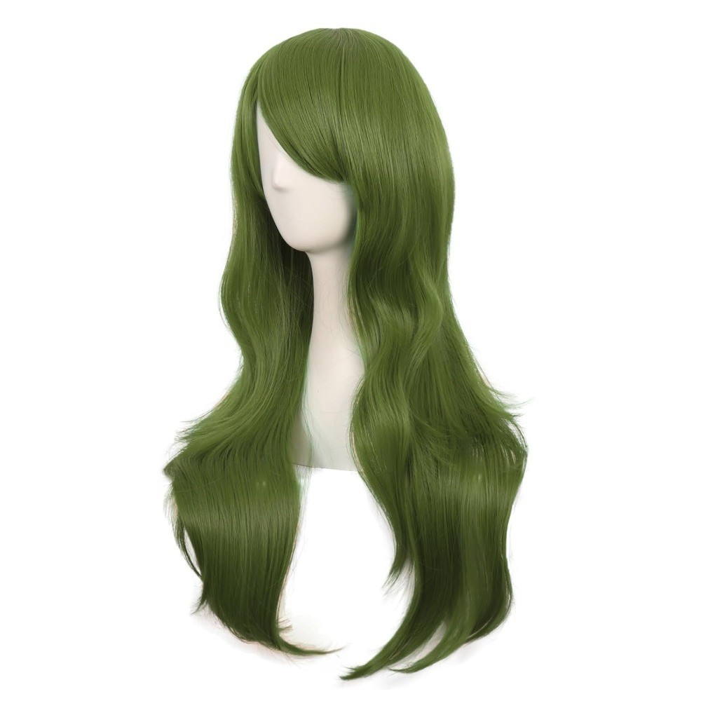 28 Inch Long Curly Synthetic Wig for Women with Side Bangs Olive Green Cosplay