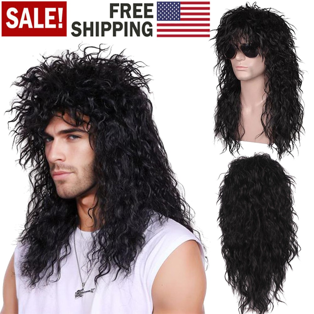 Men’s 80s Black Mullet Wigs Long Curly Black Rocker Metal Mullet Wig Party Gifts