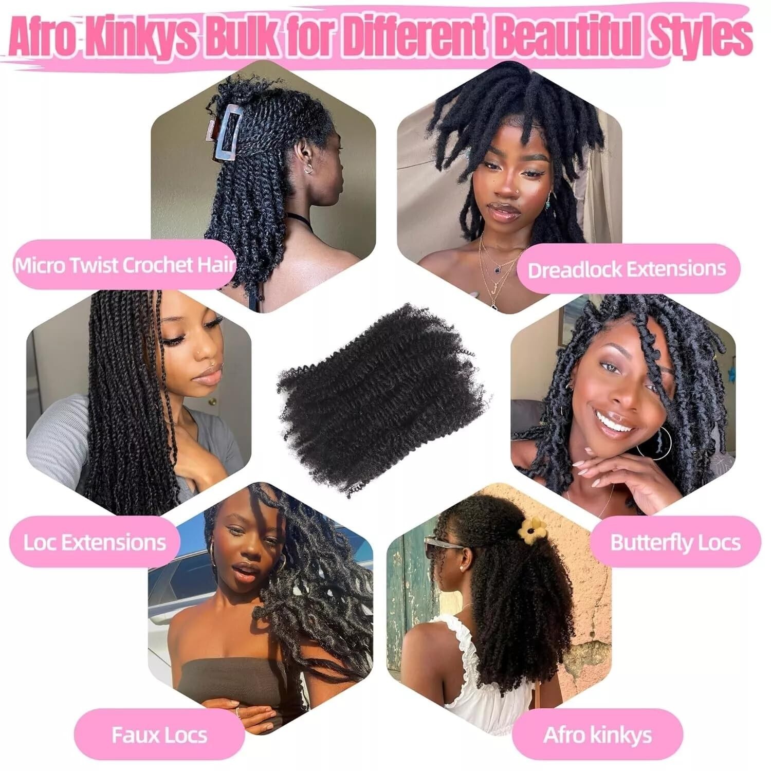 Afro Kinkys Bulk Human Hair 12 Inch 35g #1B Natural Black Dreadlock Extensions