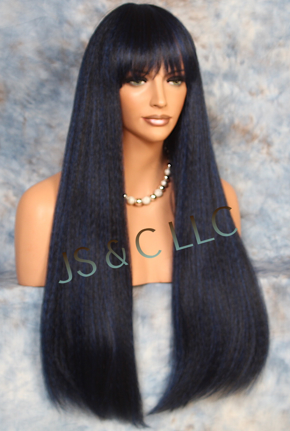 Human hair Blend Full Wig Heat Safe Blue black textured straight blunt bangs MG