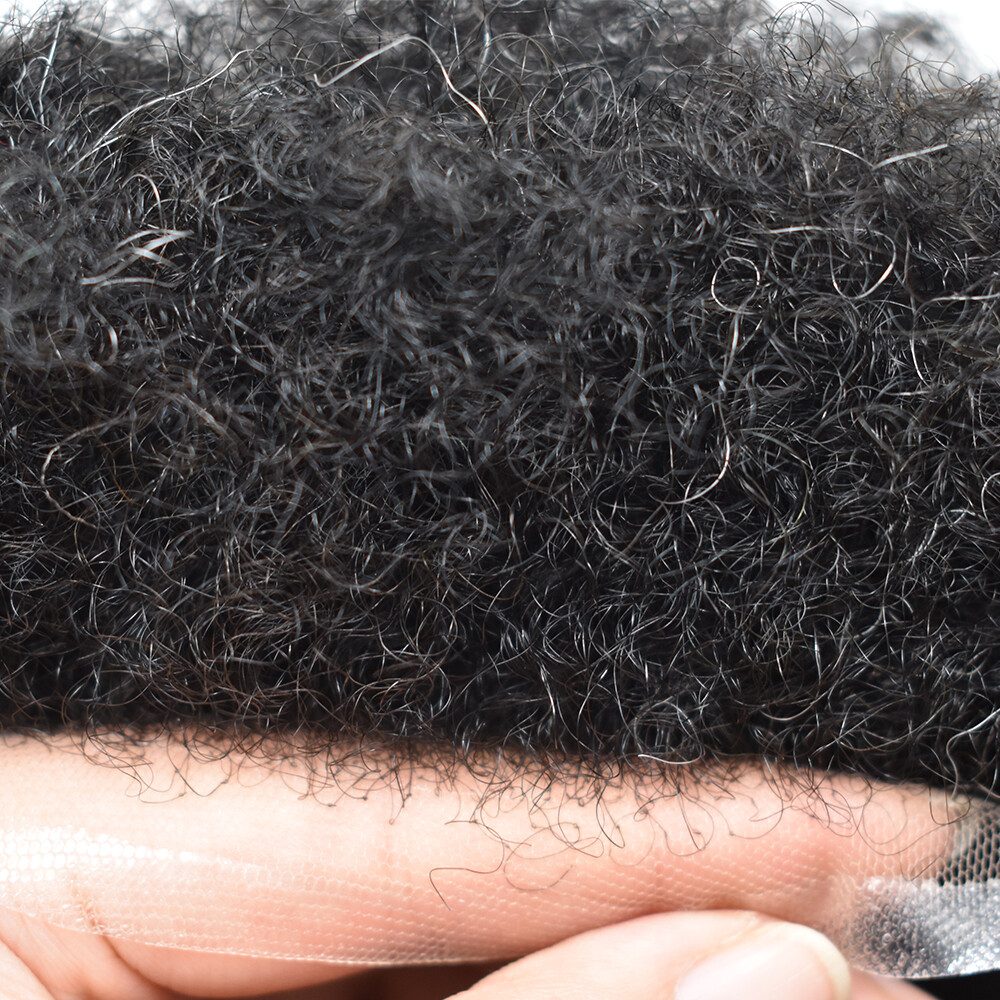 Afro Toupee for Black Men Toupee French Lace Hairpiece Kinky Curl Gray Hair Unit
