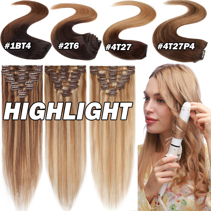 Multi/Color 100% Real Human Hair Clip In Remy Hair Extensions Full Head 8 Pieces