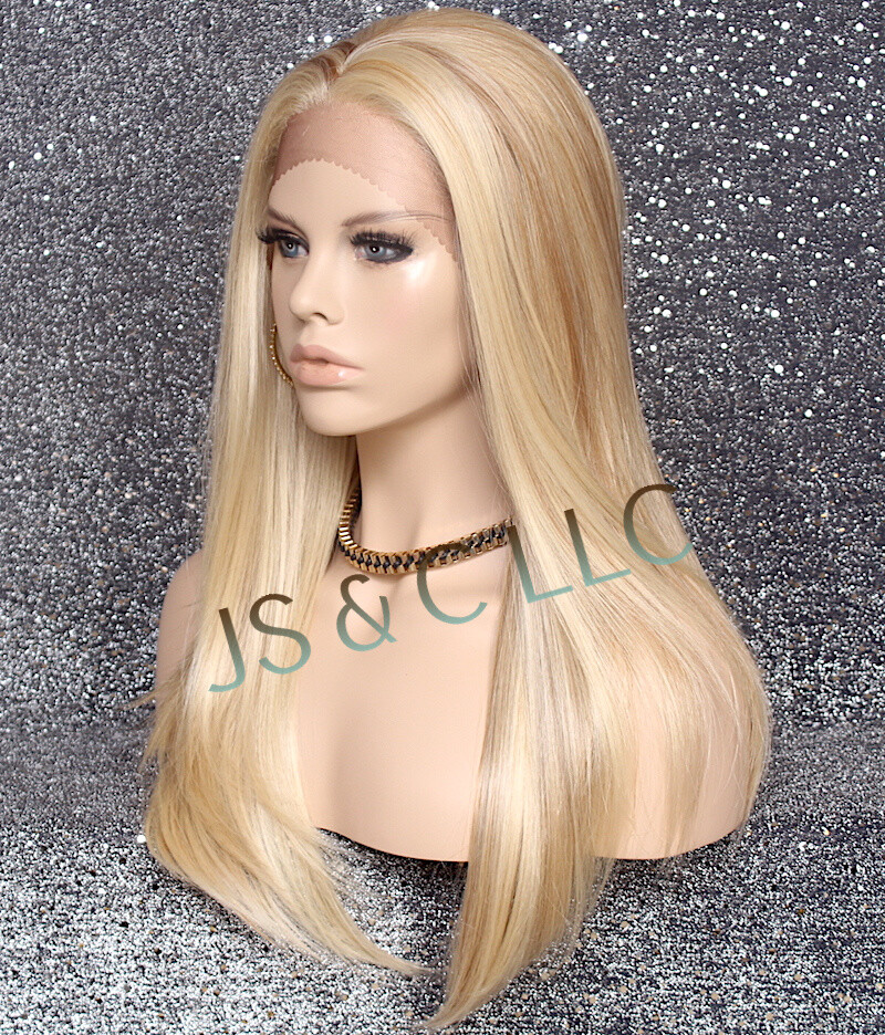 Long Straight Human Hair Blend Mono Top Lace Front Wig Blonde mix 613-27 WBDL