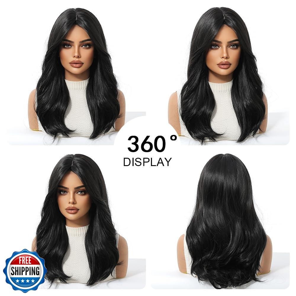 OUFEI Black Wig for Women with Curtain Bangs Natural Straight Curly Synthetic