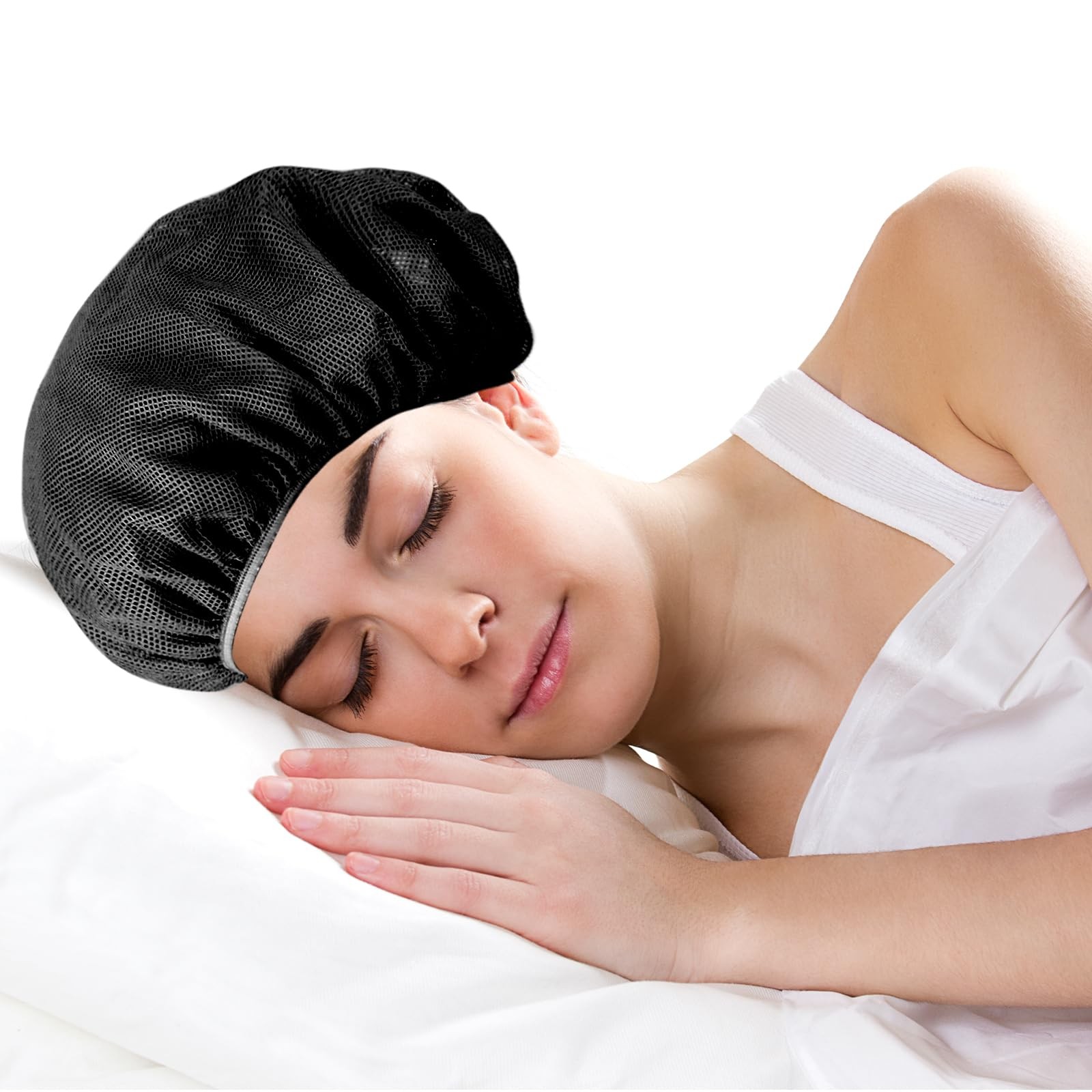 Dimeho 4 Pcs Mesh Sleep Bonnets Night One Size, Black/White/Pink/Blue