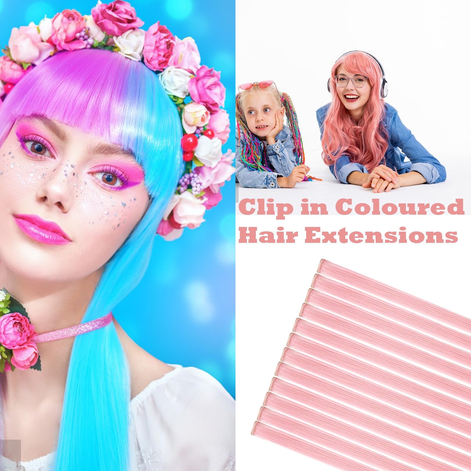 Pink Hair Extensions Clip in, 22″ Colored Highlights Hair DIY Accessories