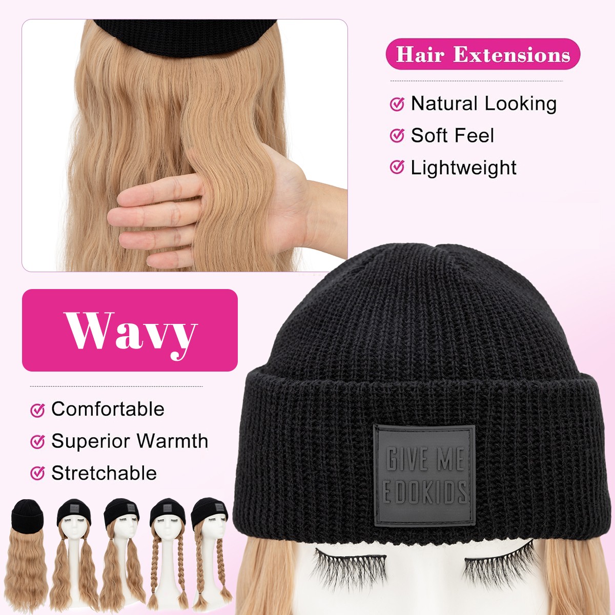 Beanie Hat Wig with 8/11/16/18″ Synthetic Straight&Curly Wavy Hair Knitted Cap
