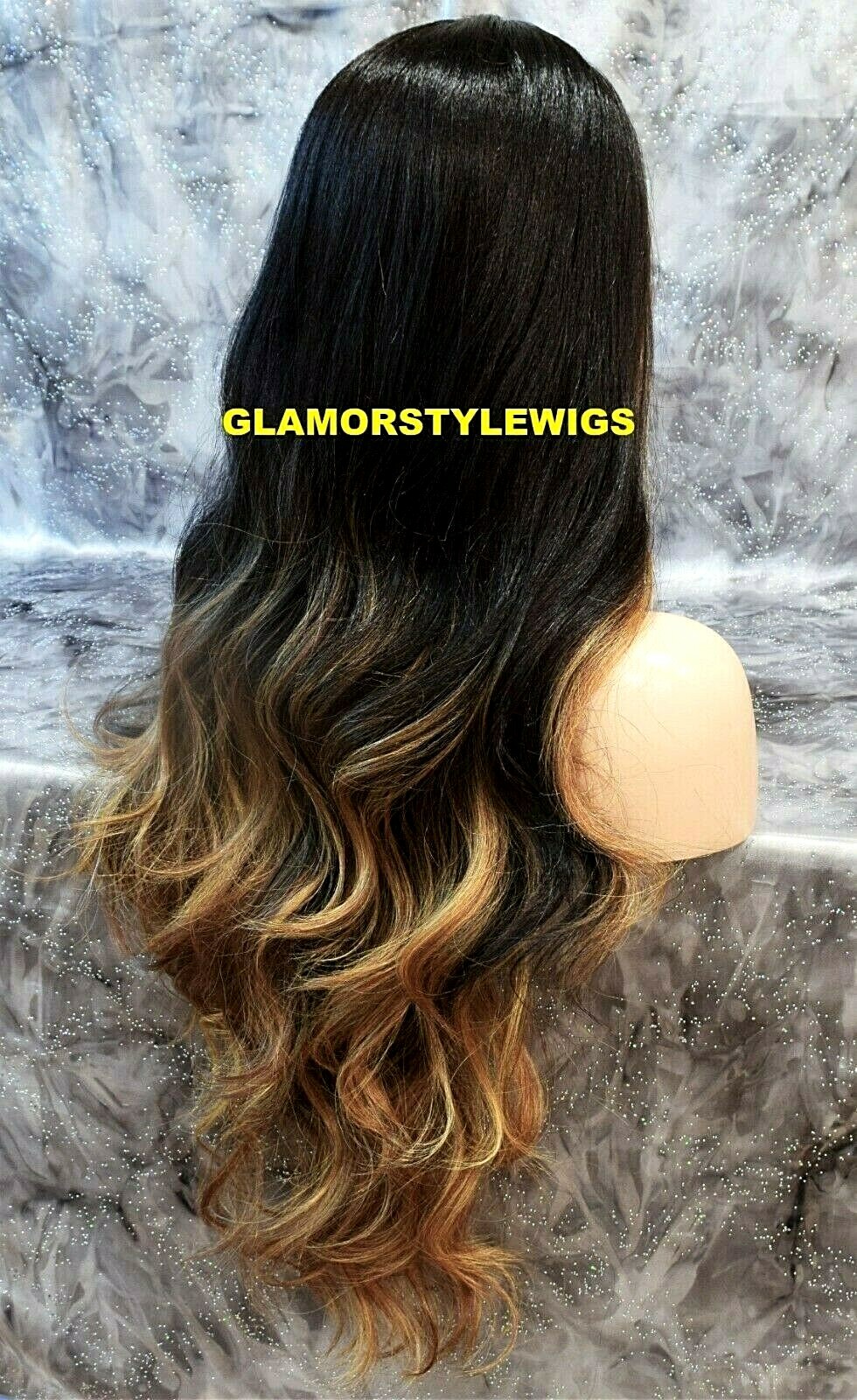360 Free Part Human Hair Blend Lace Front Wig Long Ombre Brown Golden Blonde Mix