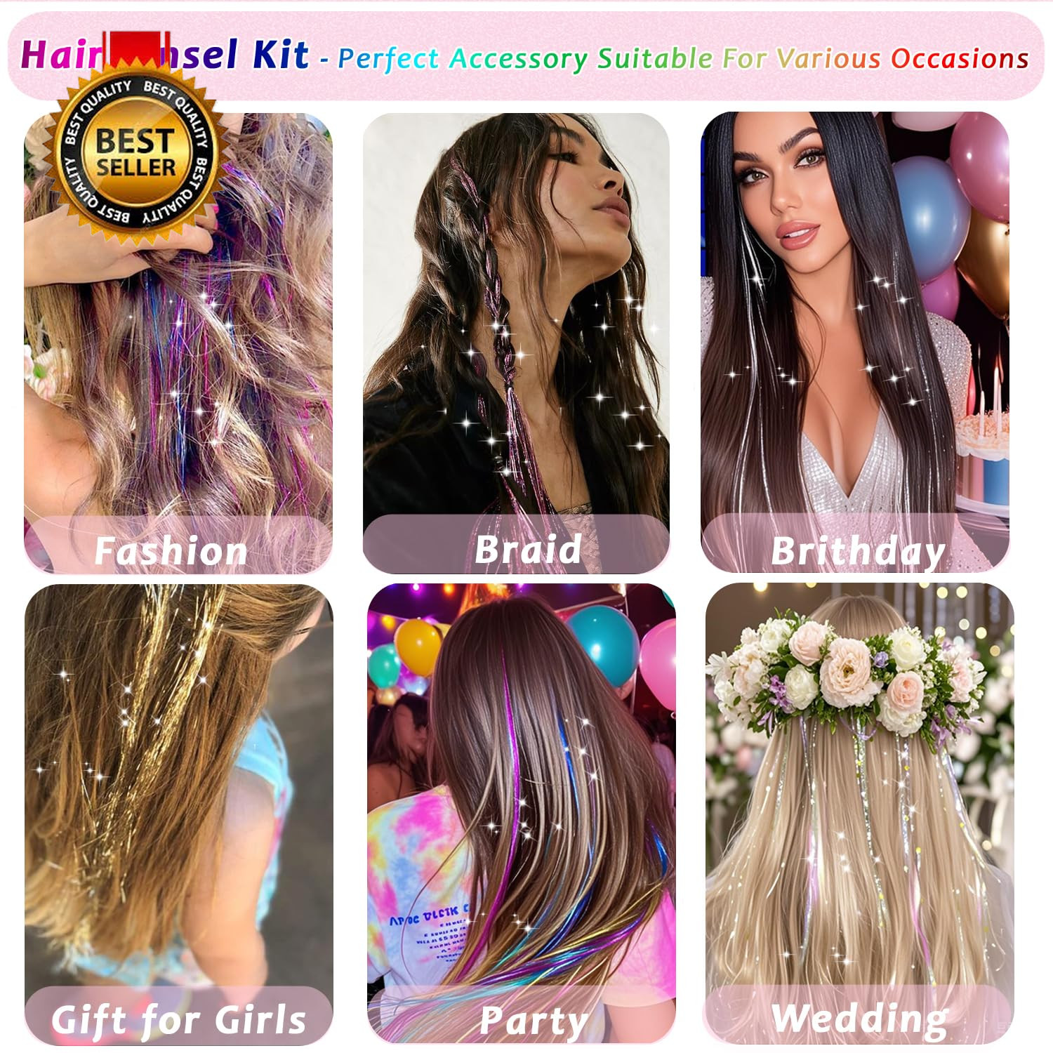 Hair Tinsel, 24 Colors 9800 Strands Hair Tinsel Kit with Tools 48 Inch Glitter T