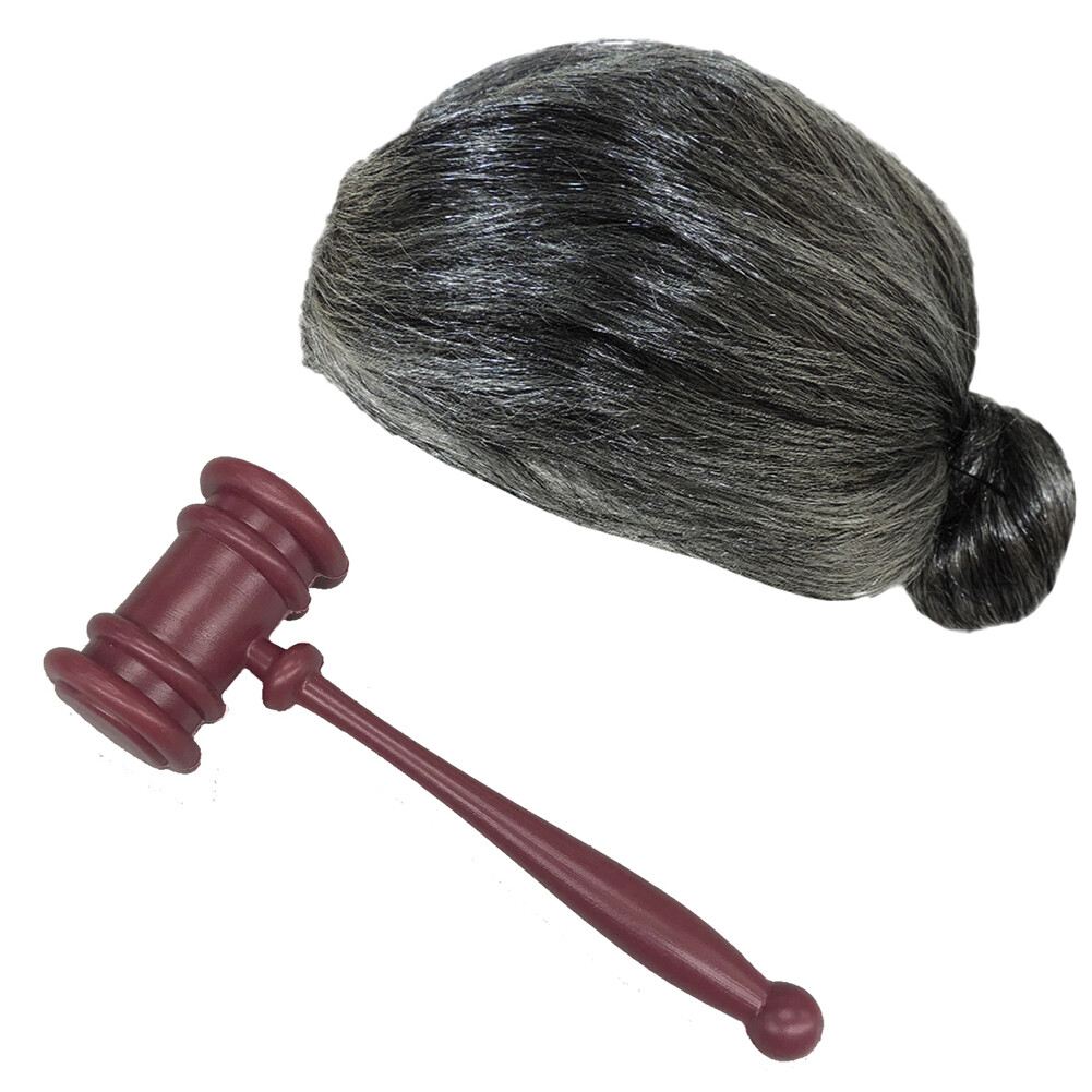 Judge’s Law Gavel with Grey Hair Bun Wig Costume Set