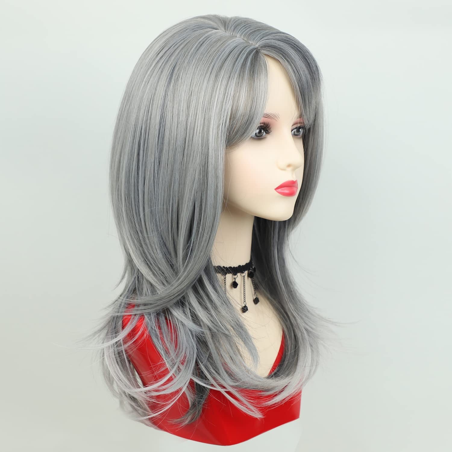 Silver Grey Wavy Wig for Women Medium Length with Bangs and Adjustable Straps
