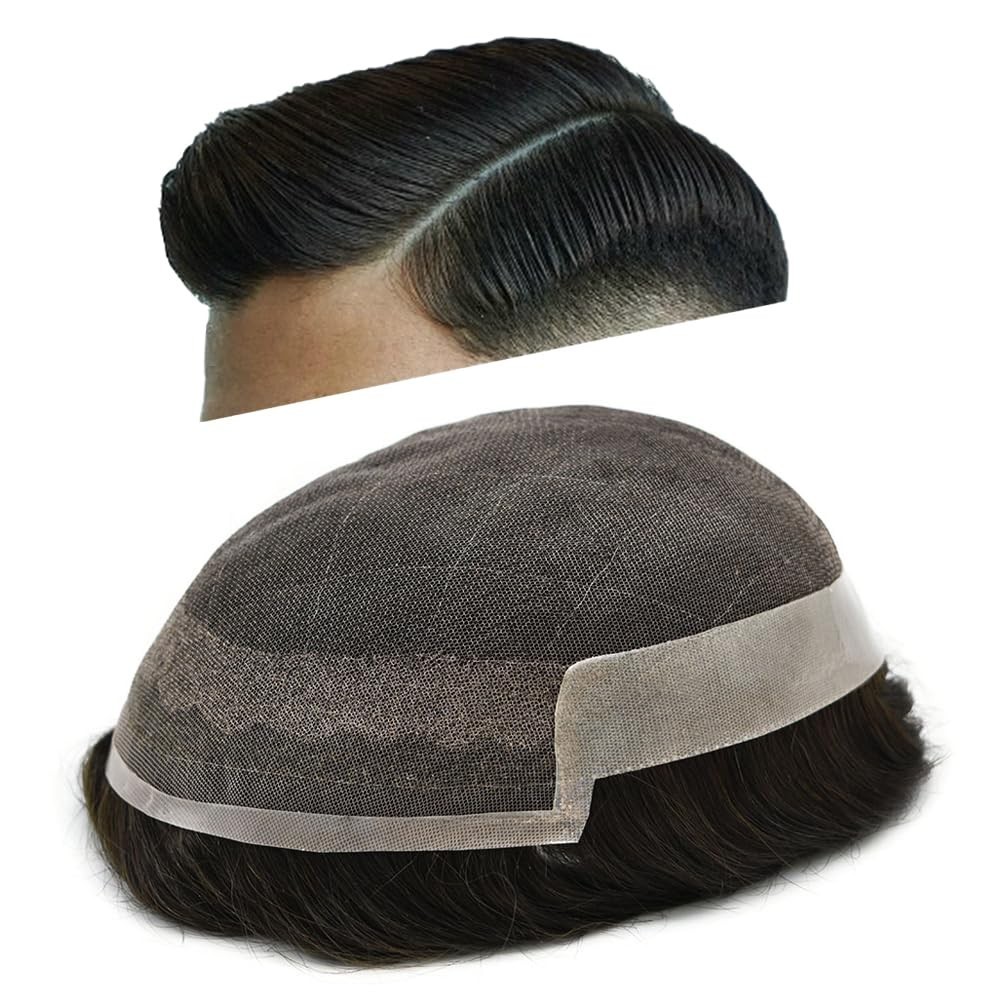 French Lace Front Mens Toupee Human Hair Replacement System Poly Skin Hairpiece