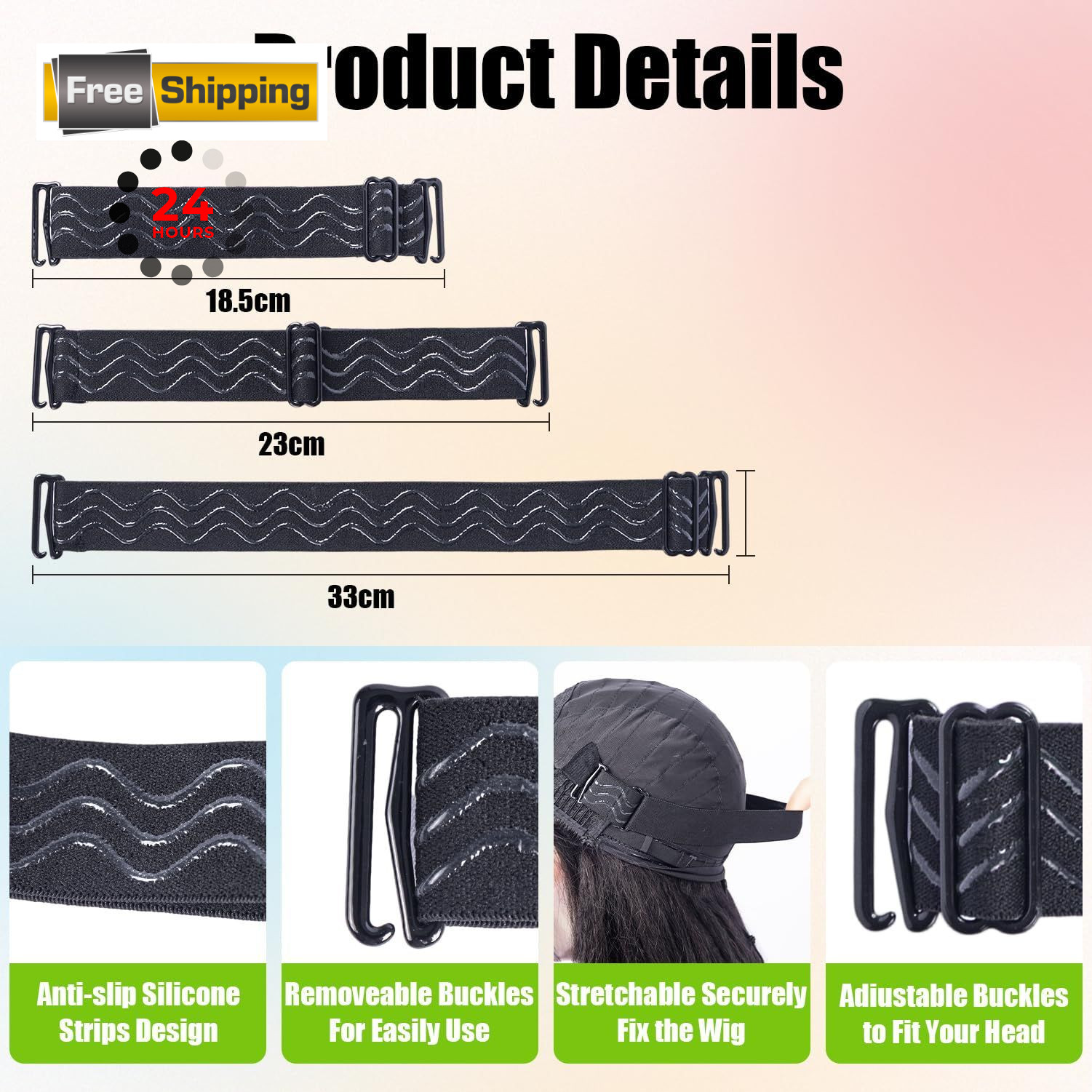2PCS Adjustable Elastic Band for 3 1 Count (Pack of 2), Black Half Wig